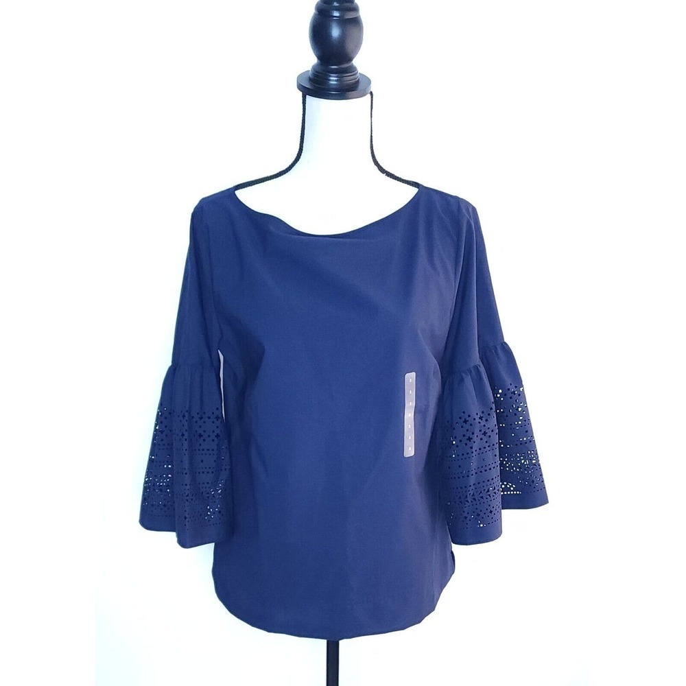 NWT Lauren Ralph Lauren Laser Cut Bell Sleeves Navy Top Shirt Size Small